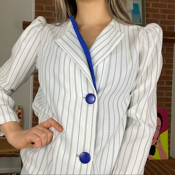 Vintage 80s Manhattan Plaza Bold Pinstripe Puff Sleeve Blazer Top USA Ma… - Picture 3 of 16